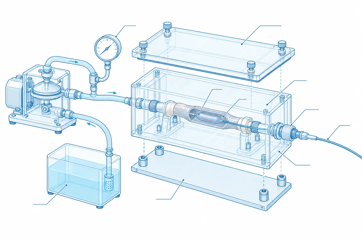 Exploded drawing of the ex vivo bench: pulsatile pump and reservoir, pressure gauge, a transparent perfusion chamber holding a coronary segment with a balloon catheter inside