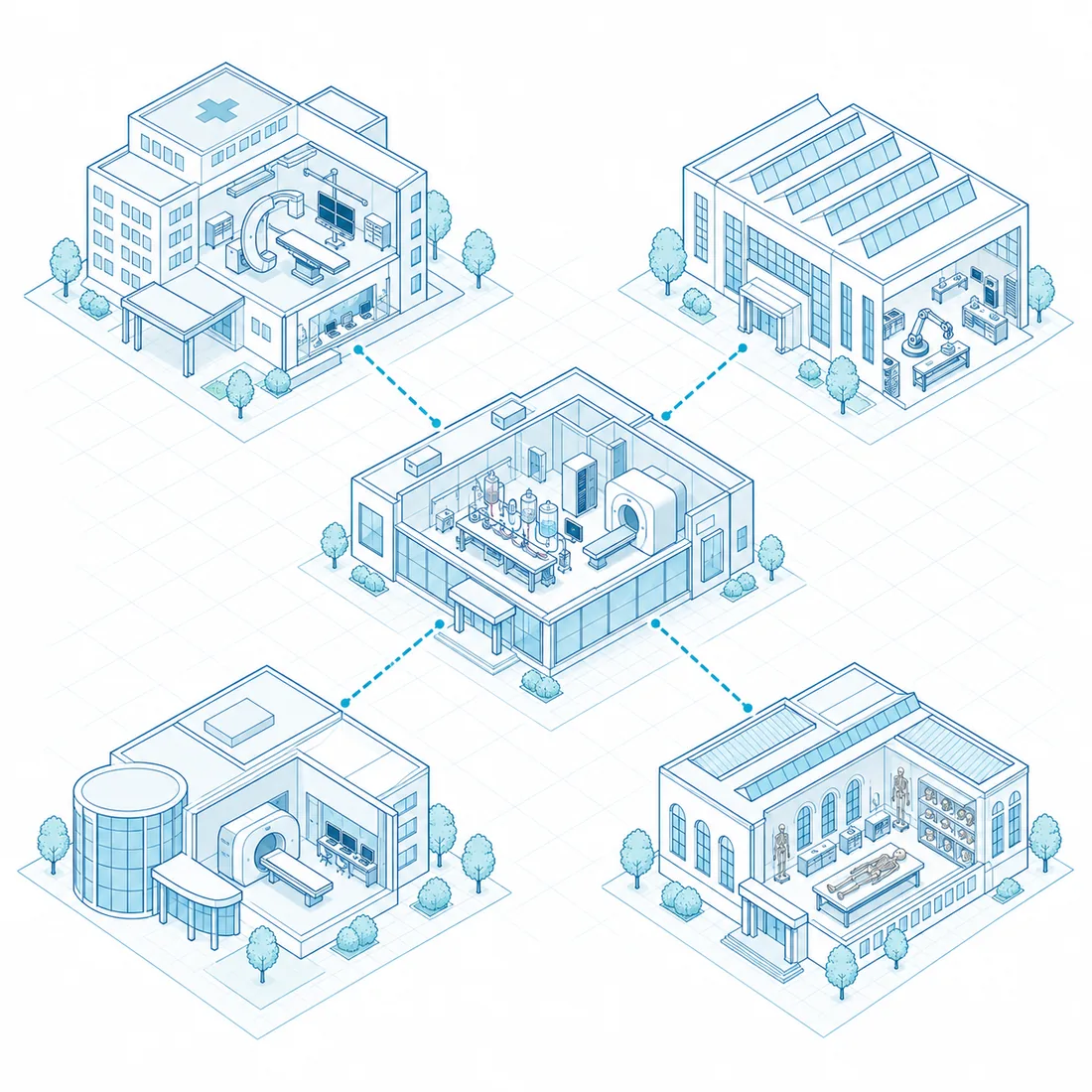 Isometric map of the ERIDAN hub: a laboratory with a perfusion bench and a micro-CT at the centre, linked to a university hospital, an engineering hall, an imaging centre and an anatomy institute