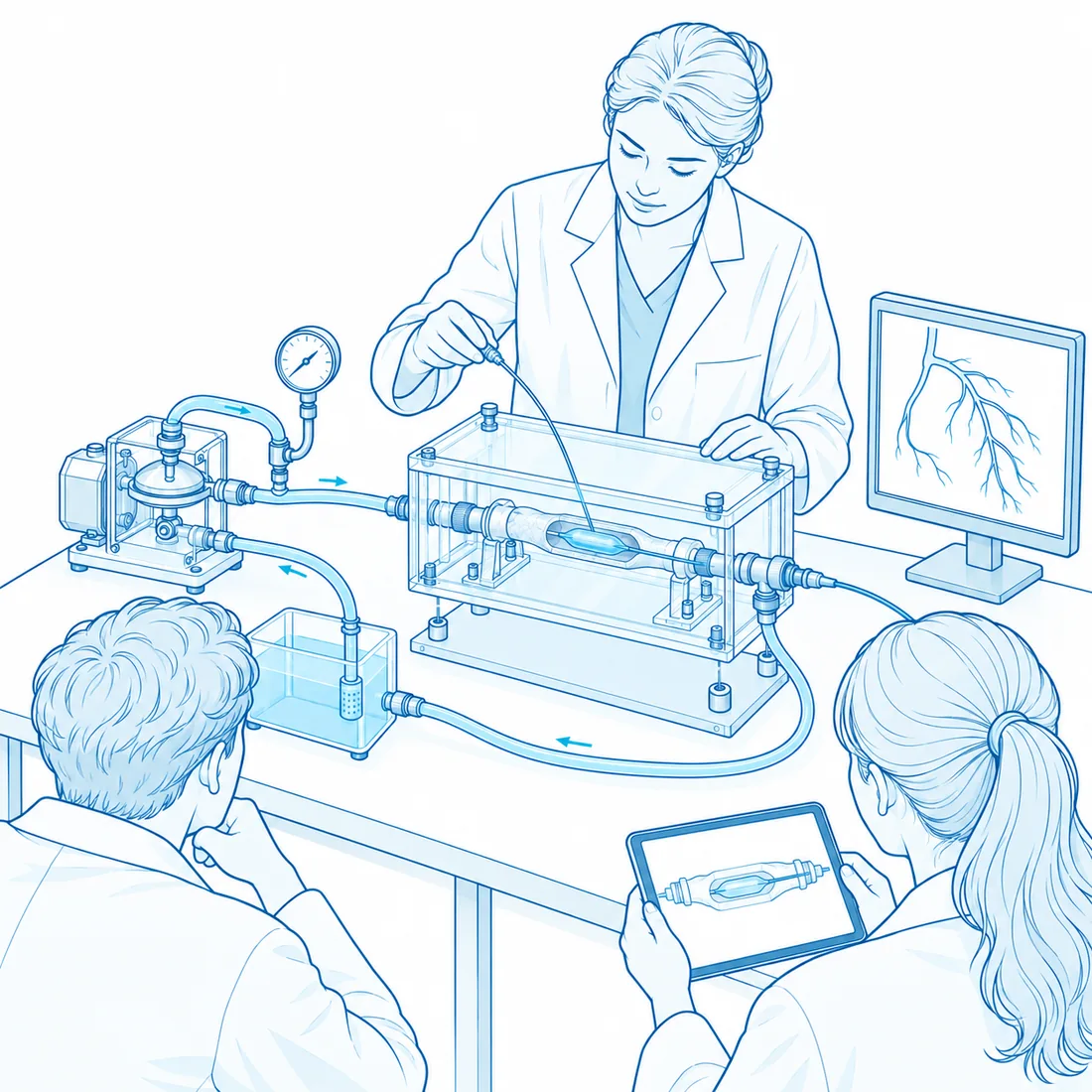A teaching session: an instructor at the ex vivo bench guiding a catheter into the perfusion chamber while two students watch, one with a tablet, a monitor showing a coronary tree