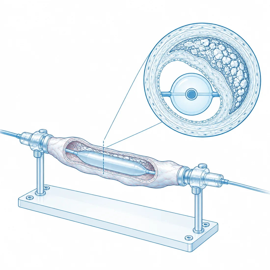 An isolated coronary segment on a mount with a balloon catheter inside, beside a large cross-section showing an eccentric calcium crescent
