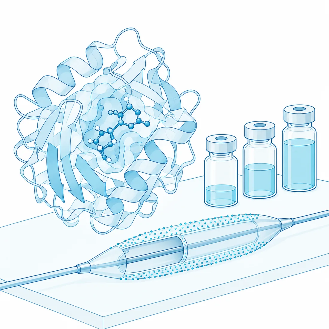 A small molecule in a protein pocket beside a drug-coated balloon in cutaway and three vials