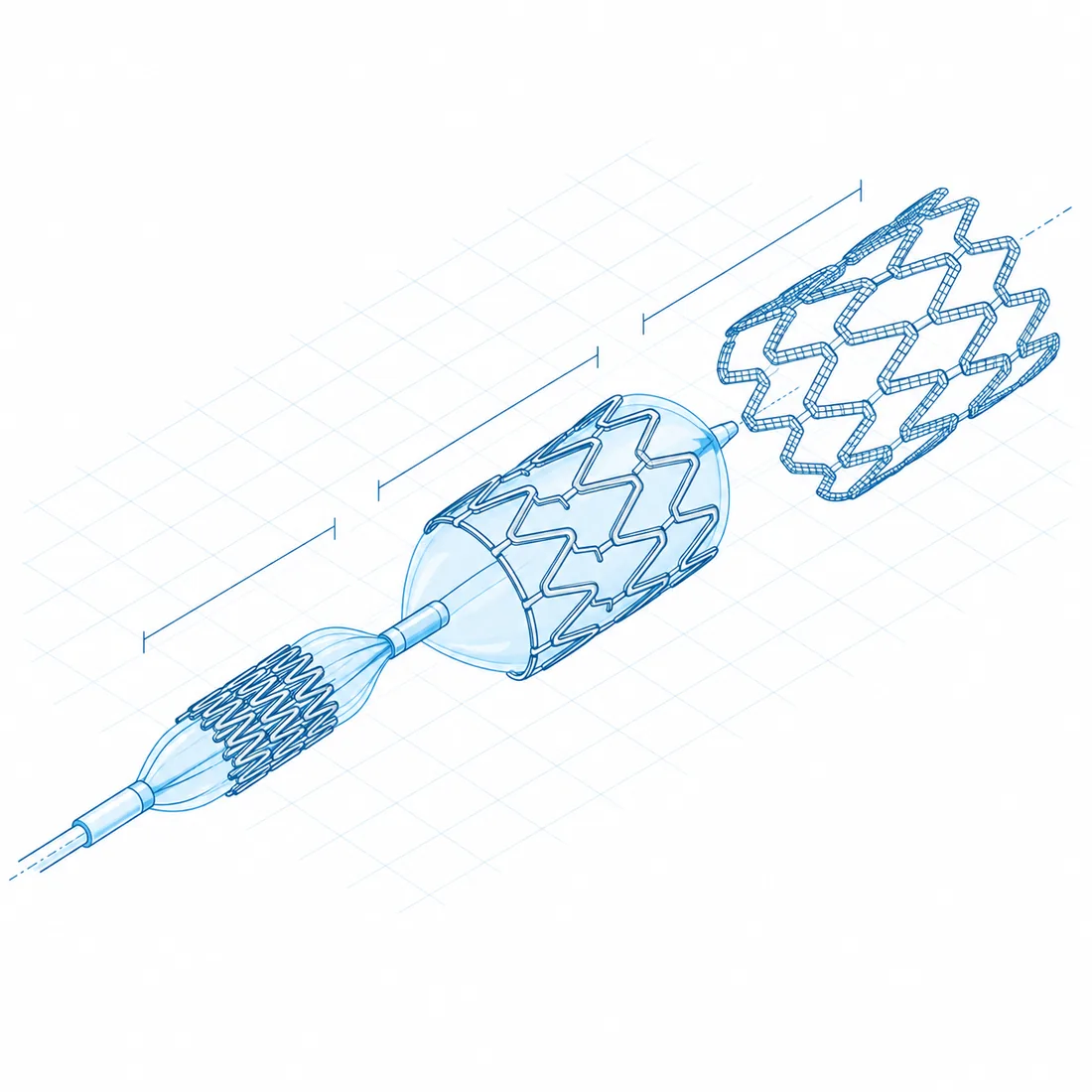 Exploded view of a coronary stent: crimped, expanded and as a finite-element wireframe, with dimension lines