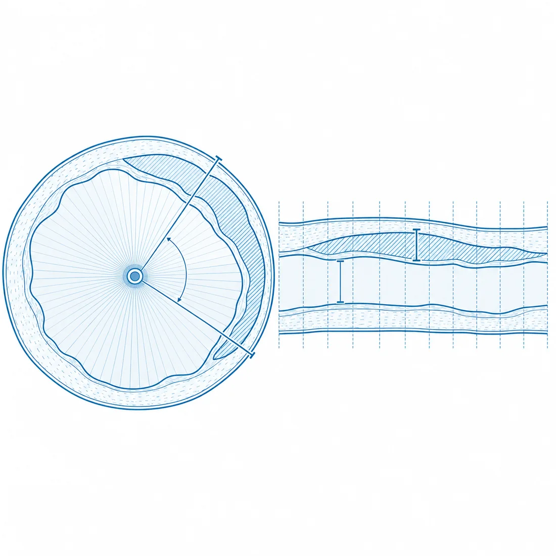 Quantitative imaging plate: an OCT frame with lumen and vessel contours and a longitudinal pullback strip with calipers