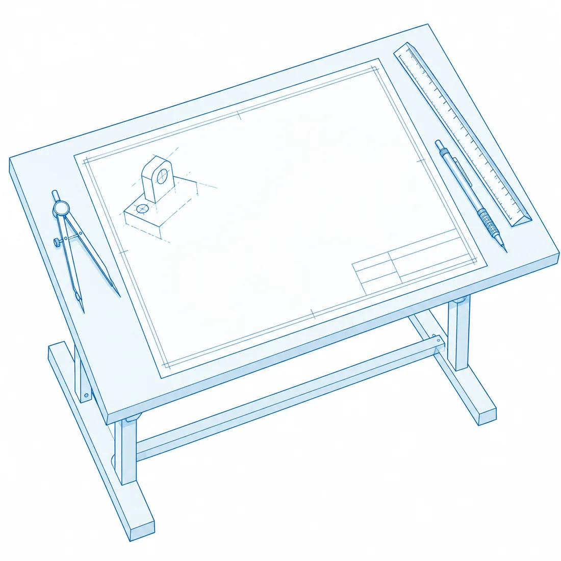 A drafting table with a blank technical sheet, dividers, a scale rule and an unfinished device sketch