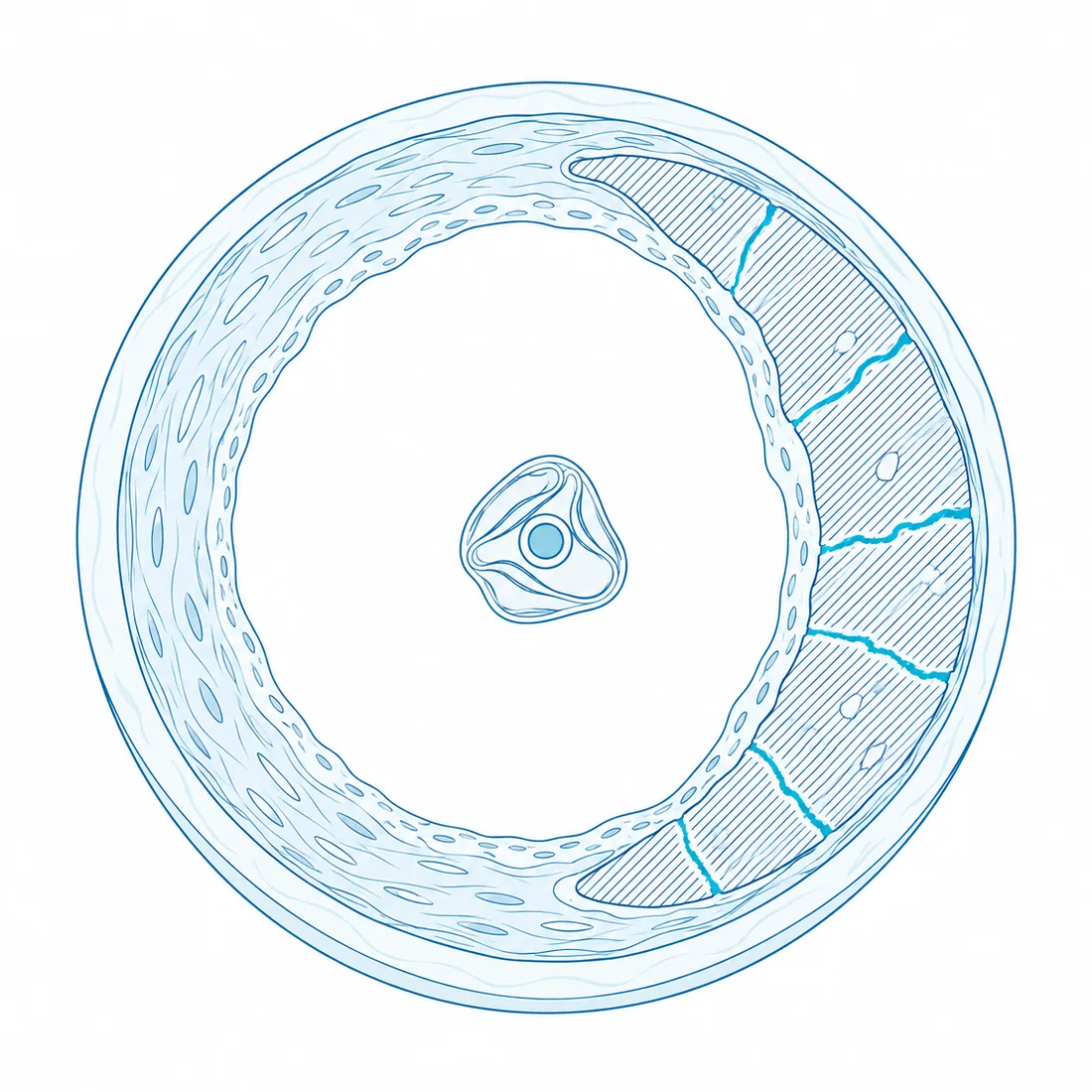 Schematic cross-section of a calcified coronary artery after lithotripsy: an eccentric crescent of calcium crossed by radial fractures, a deflated balloon in the lumen
