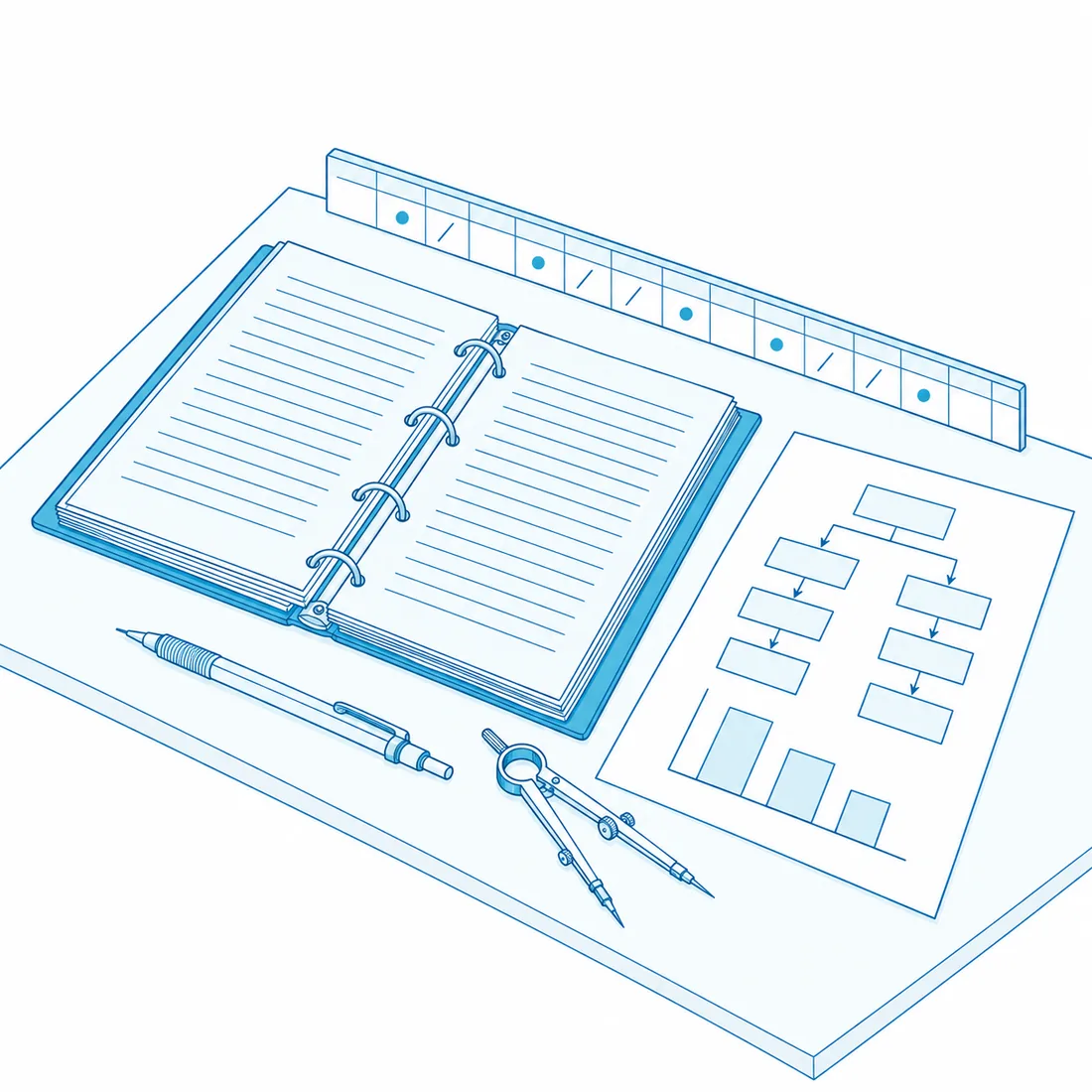 Study design: an open protocol binder with a flowchart of study arms, a small bar chart and drafting dividers on a desk