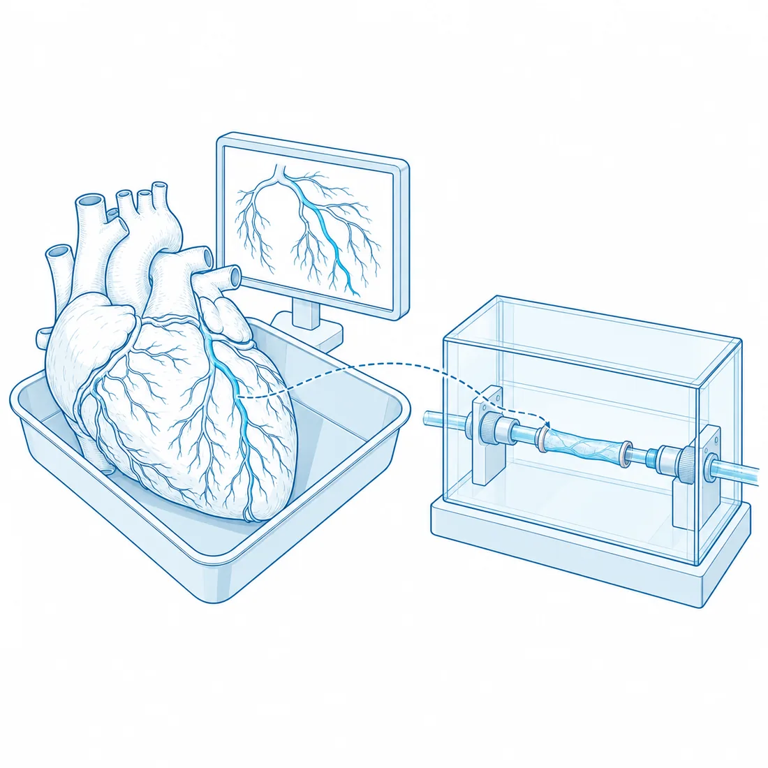 Ex vivo bench: a human heart on a tray beside a CT angiography display, and the isolated coronary segment being mounted in the perfusion chamber