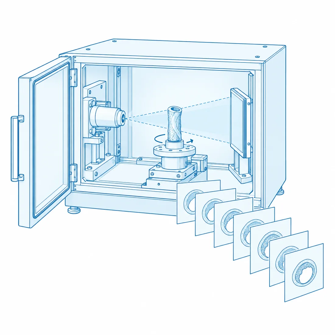 Micro-CT: a scanner cabinet open on the rotating stage holding the segment between X-ray source and detector, a stack of slices emerging