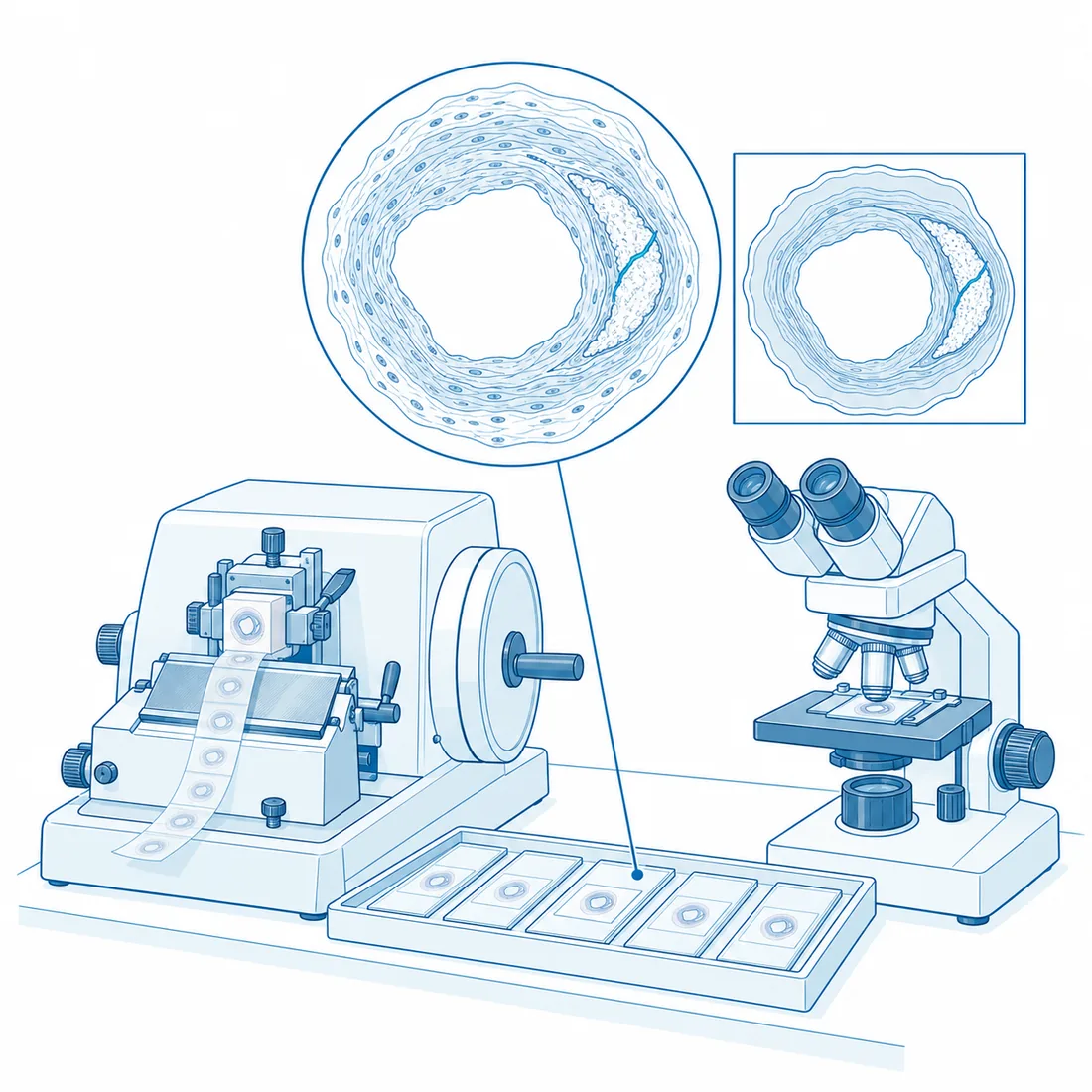Histology: a microtome cutting a paraffin block, slides in a tray, a microscope and one magnified slide showing the vessel layers