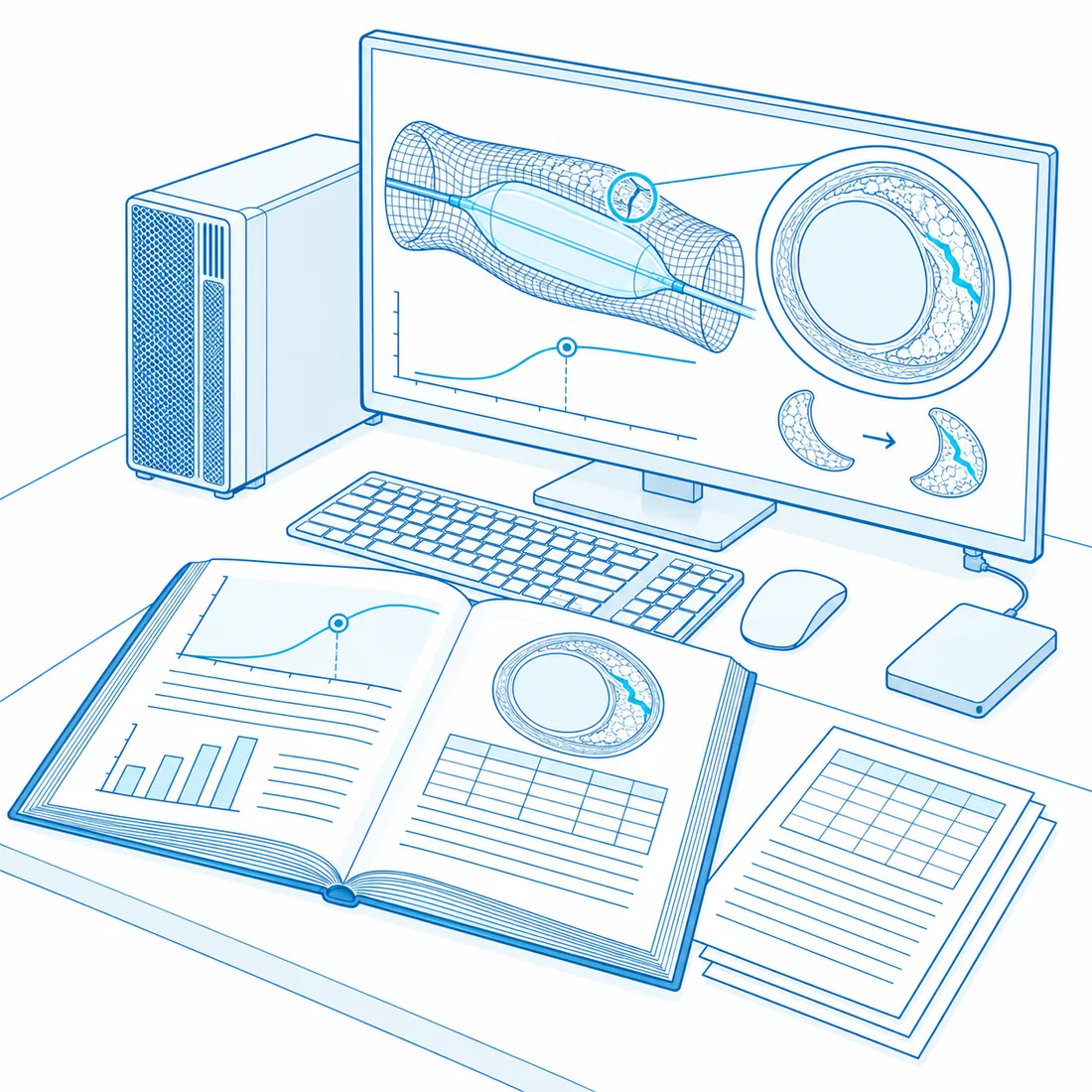 Data, models, evidence: a bound report with charts beside a laptop showing a wireframe digital twin of the vessel and a dose–response curve
