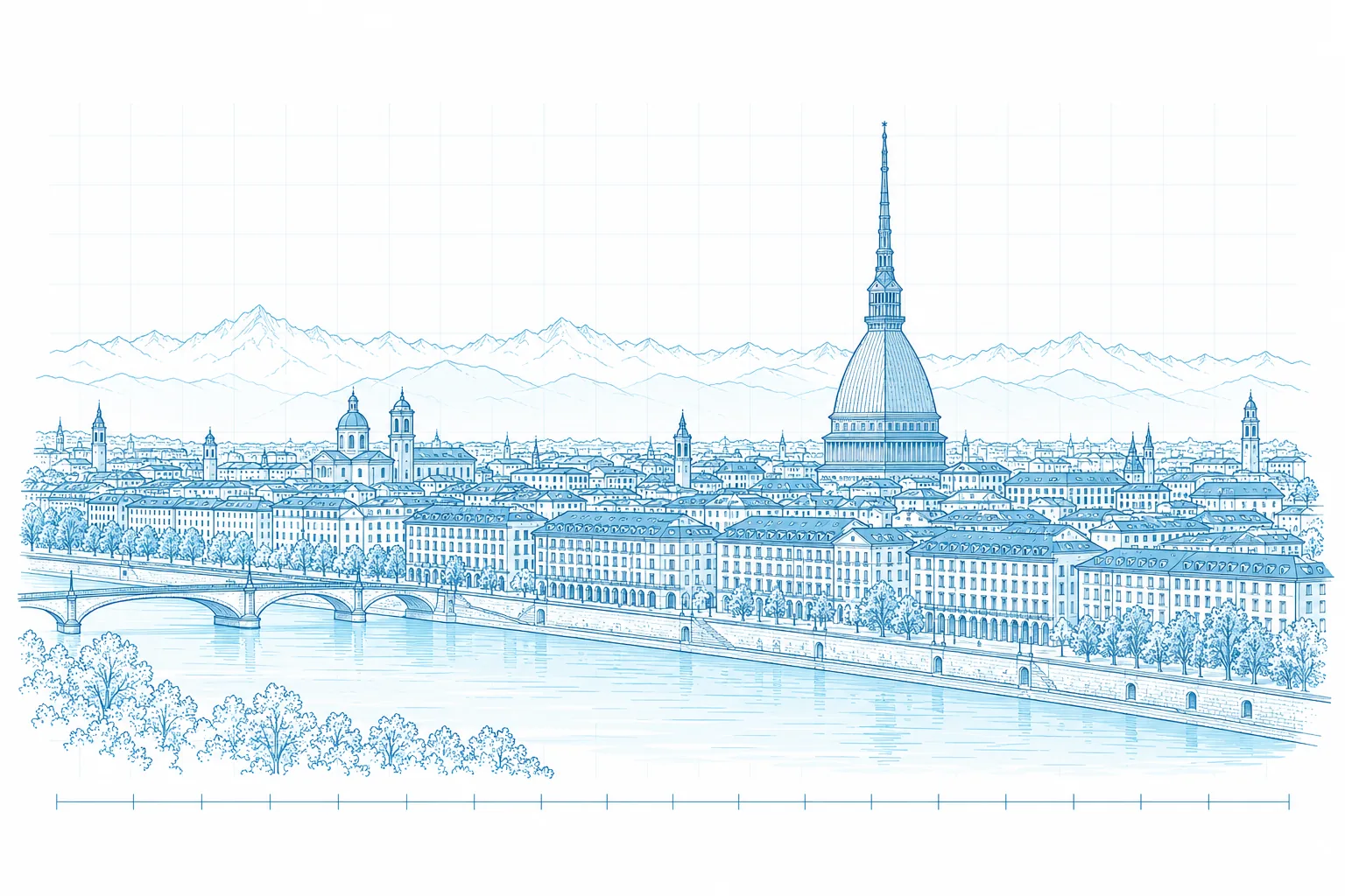 Line drawing of Turin seen from the Po: the Mole Antonelliana, the riverside buildings and the Alps behind the city